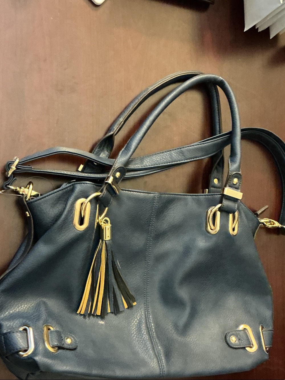Women's Navy Leather Tassel Satchel